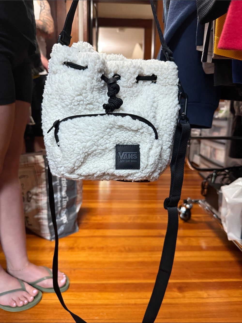 Vans White Sherpa Drawstring Crossbody with Black Strap